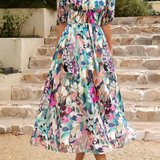 Robe Midi Fleurie à Col V et Manches Courtes
