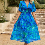 Robe Midi Fleurie à Col V et Manches Courtes