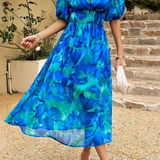 Robe Midi Fleurie à Col V et Manches Courtes