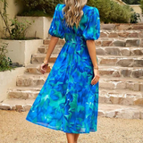 Robe Midi Fleurie à Col V et Manches Courtes