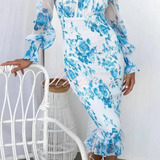 Robe Midi Fleurie à Épaules Dénudées et Volants