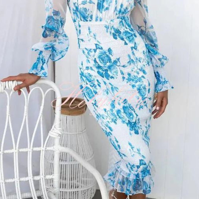 Robe Midi Fleurie à Épaules Dénudées et Volants