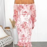 Robe Midi Fleurie à Épaules Dénudées et Volants