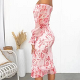 Robe Midi Fleurie à Épaules Dénudées et Volants