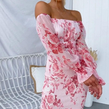 Robe Midi Fleurie à Épaules Dénudées et Volants
