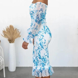 Robe Midi Fleurie à Épaules Dénudées et Volants