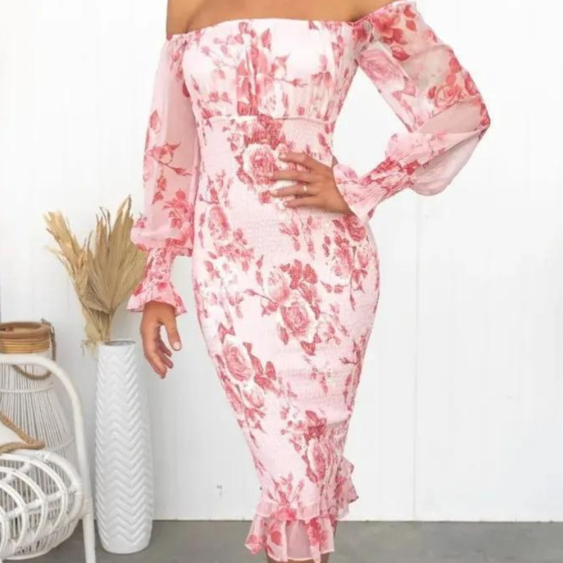 Robe Midi Fleurie à Épaules Dénudées et Volants
