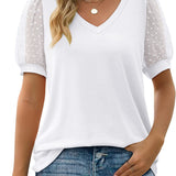 T-shirt Uni à Col V et Manches Dentelle