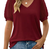 T-shirt Uni à Col V et Manches Dentelle