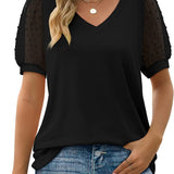 T-shirt Uni à Col V et Manches Dentelle