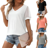 T-shirt Uni à Col V et Manches Dentelle