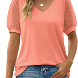 T-shirt Uni à Col V et Manches Dentelle