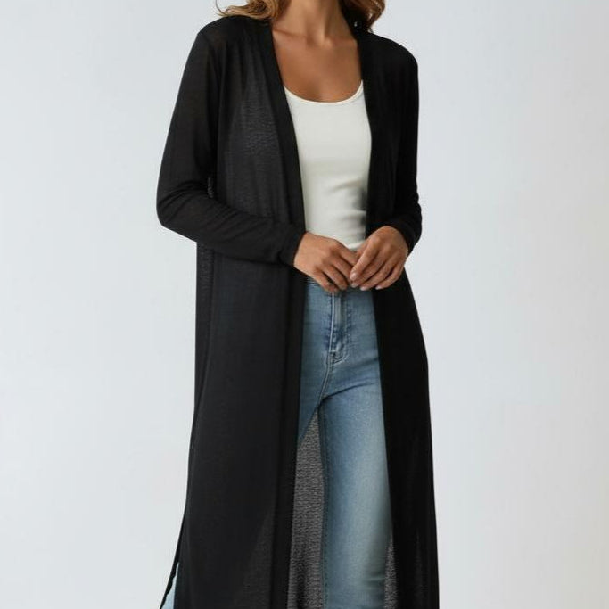Gilet long ouvert femme en maille côtelée