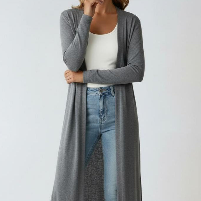 Gilet long ouvert femme en maille côtelée