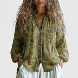 Blouse Imprimée à Col V et Manches Longues