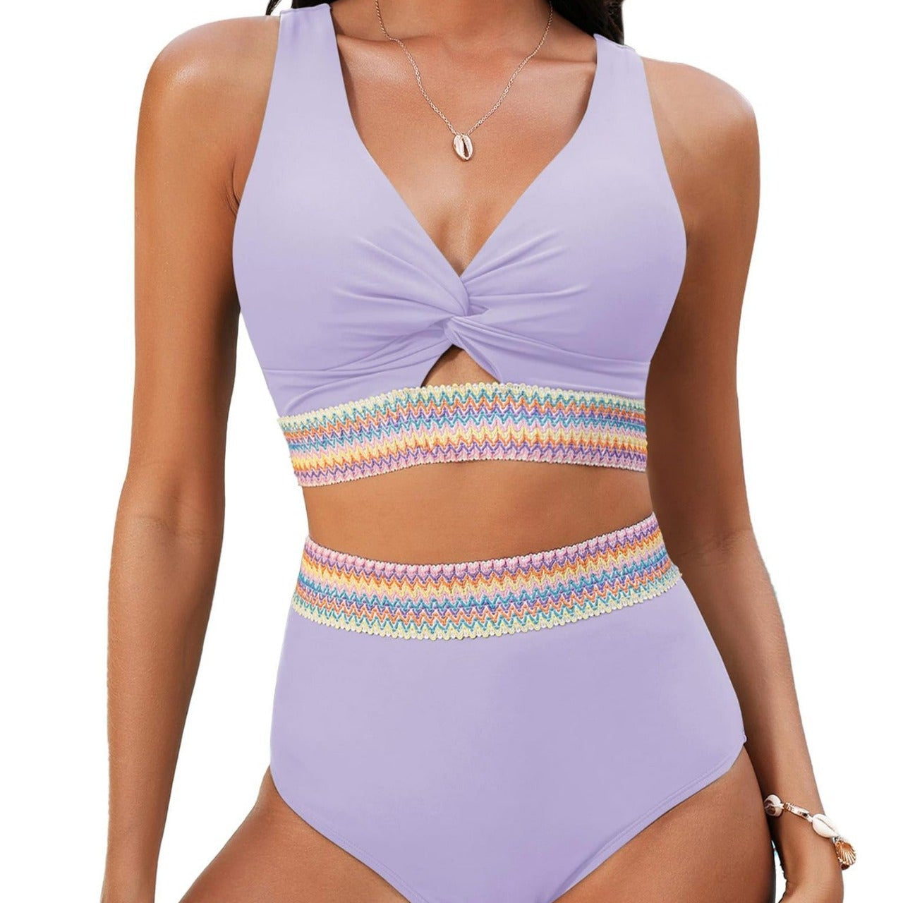 Bikini Femme Deux Pièces à Taille Haute et Col V
