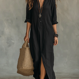 Robe Longue Femme à Col V et Manches 3/4