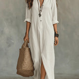 Robe Longue Femme à Col V et Manches 3/4