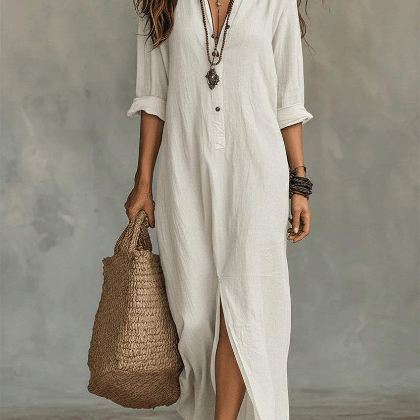 Robe Longue Femme à Col V et Manches 3/4