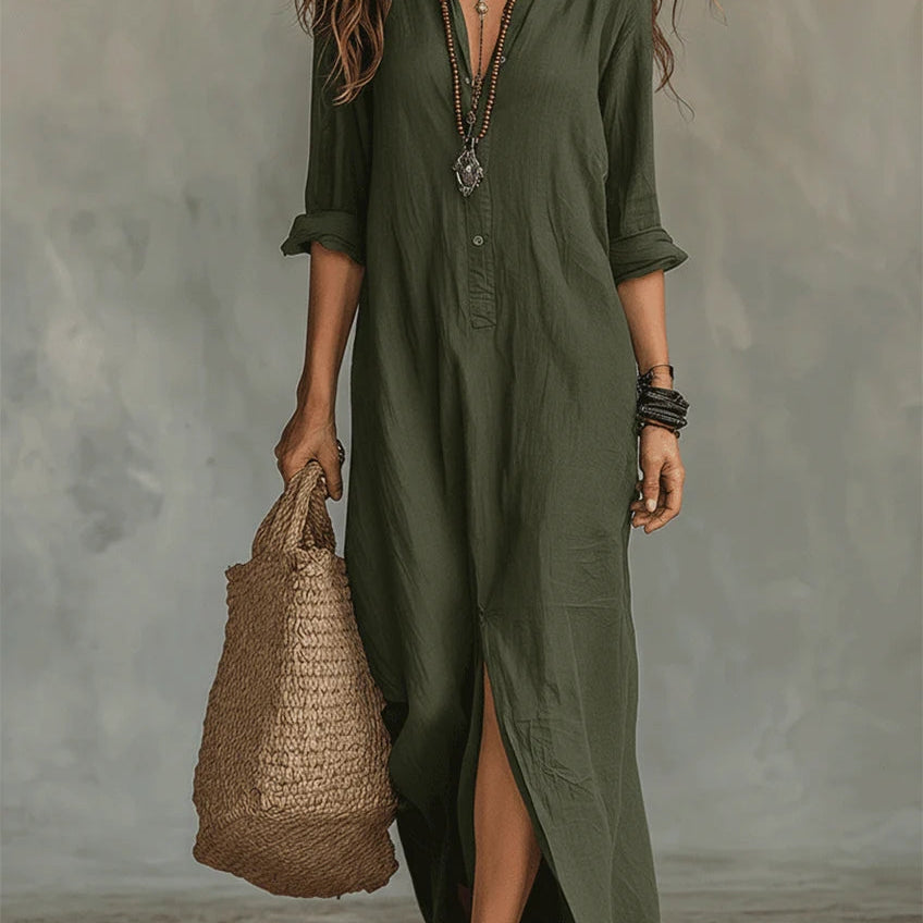 Robe Longue Femme à Col V et Manches 3/4