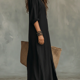 Robe Longue Femme à Col V et Manches 3/4