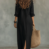 Robe Longue Femme à Col V et Manches 3/4