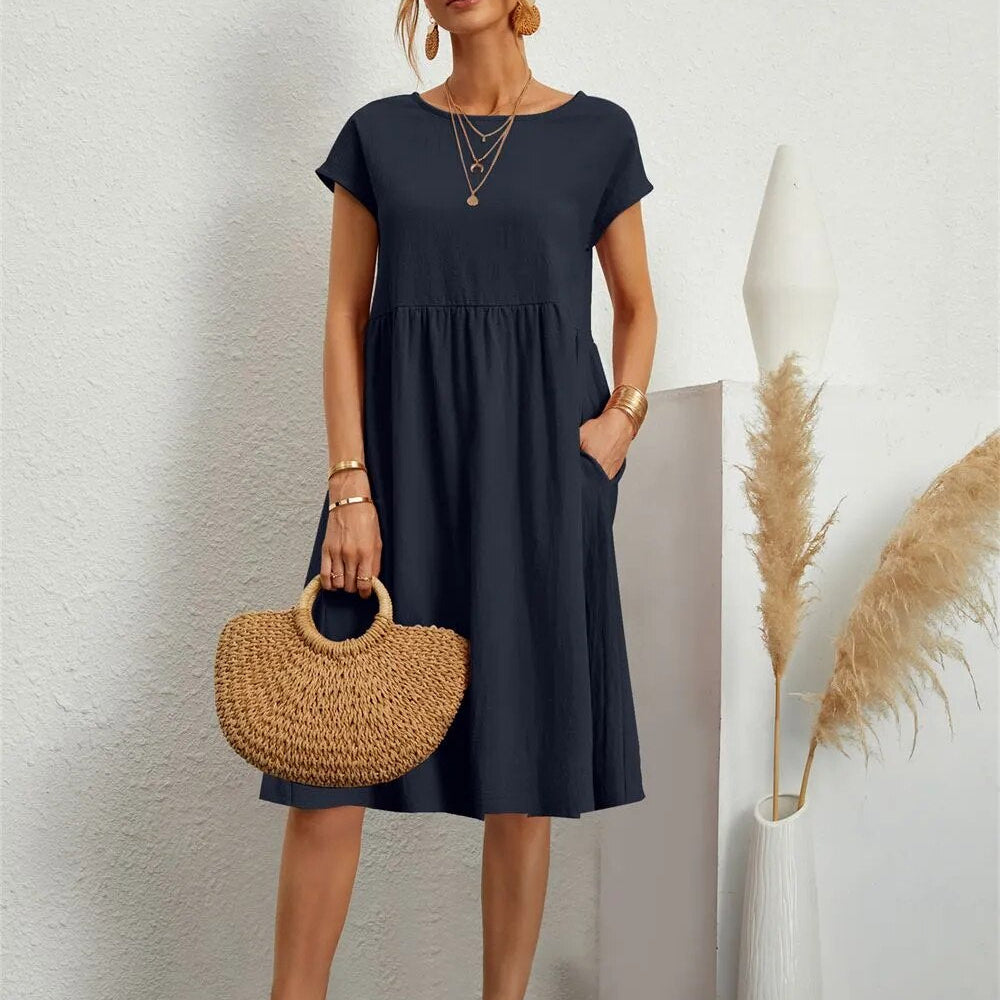 Robe Midi Décontractée Poches Confort Fluide Quotidien