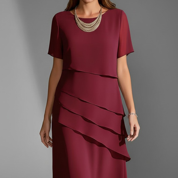 Robe mi-longue à volants superposés et col rond