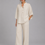 Ensemble deux pièces femme en lin, pantalon large