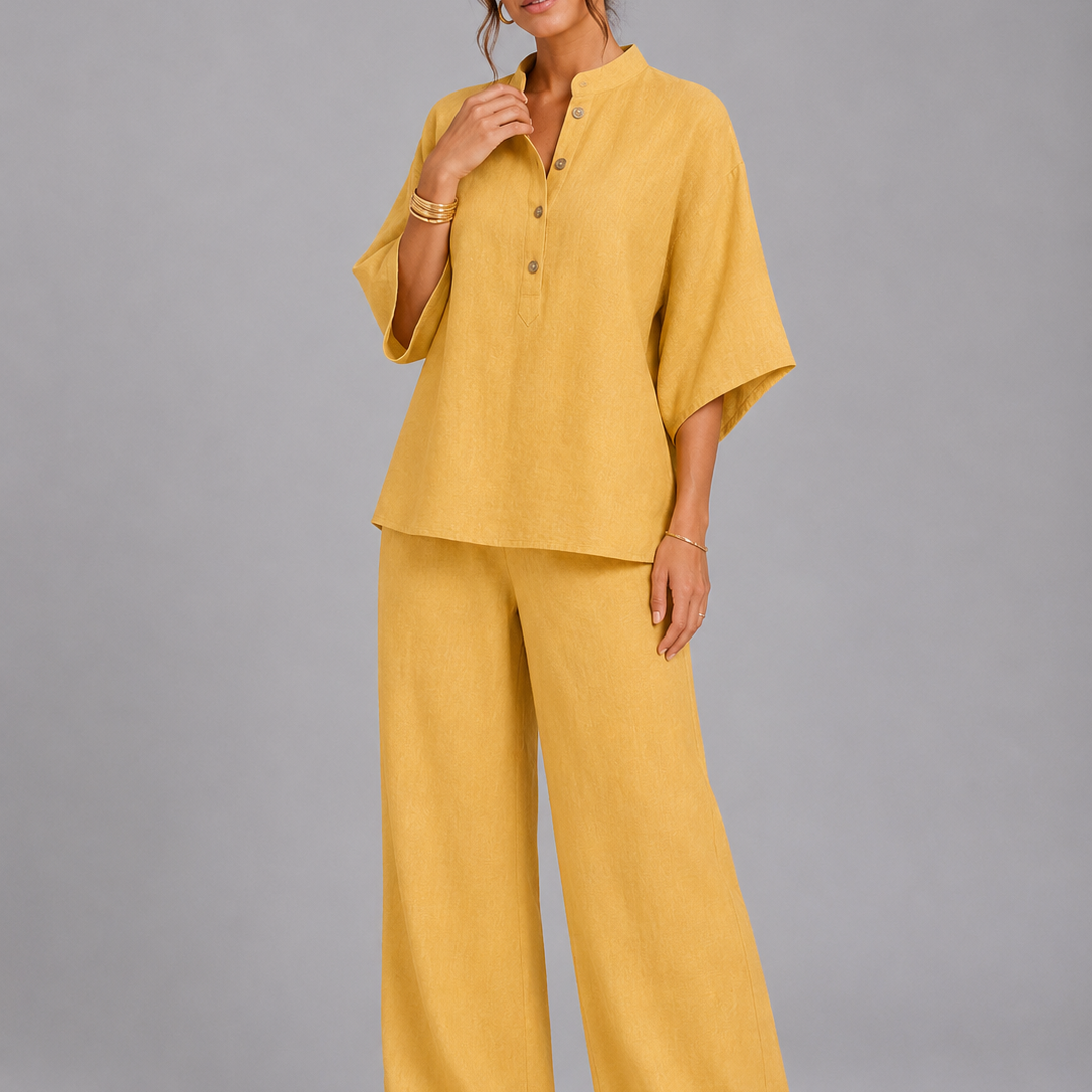 Ensemble deux pièces femme en lin, pantalon large