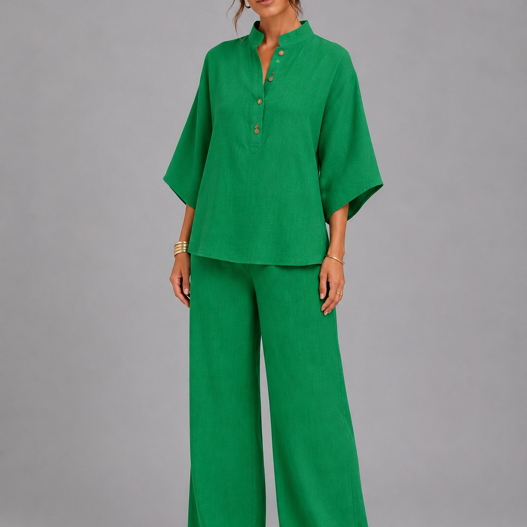 Ensemble deux pièces femme en lin, pantalon large