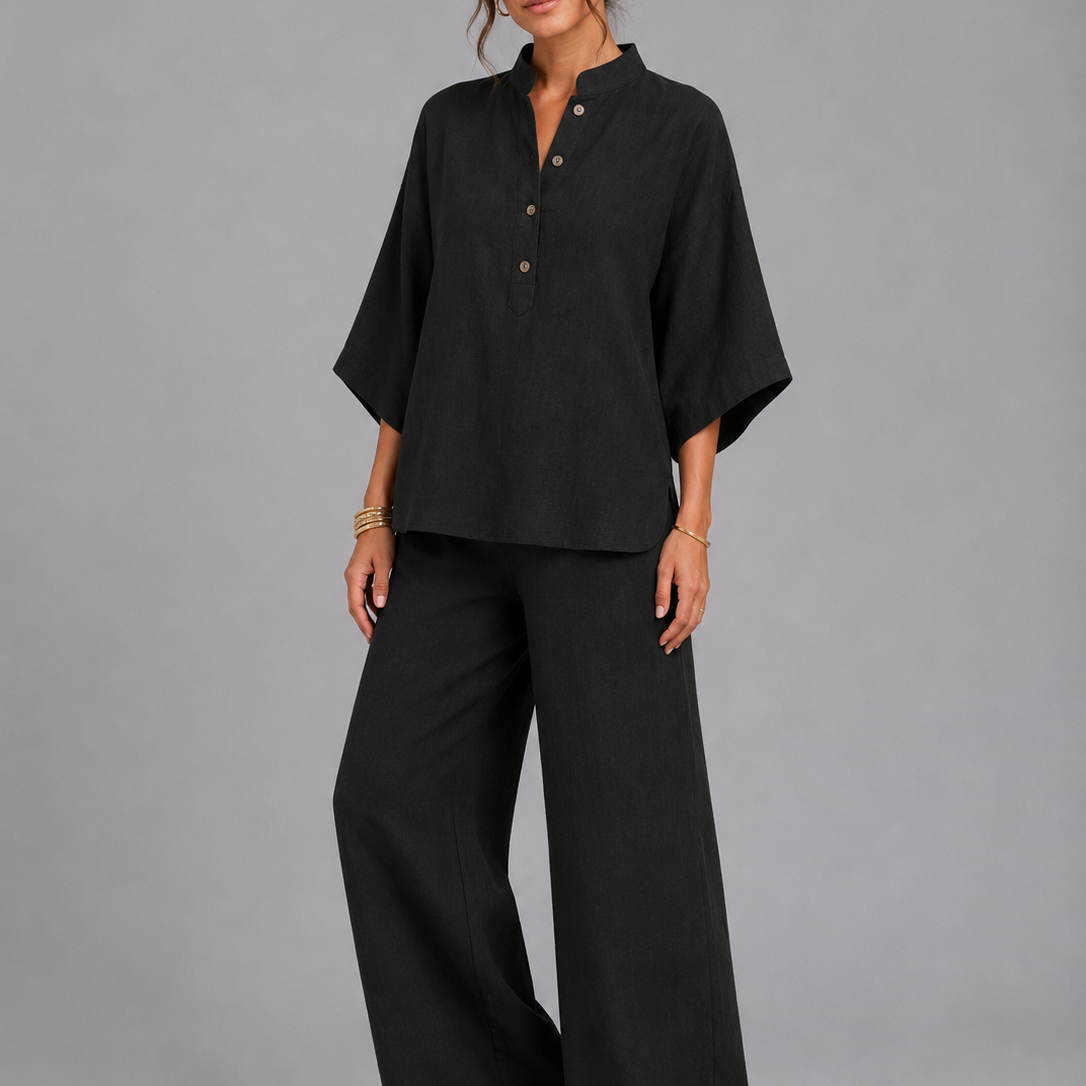 Ensemble deux pièces femme en lin, pantalon large