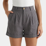 Short femme large taille haute à revers en coton mélangé