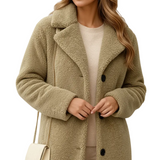 Manteau Teddy Long Boutonné Texture Douce Élégance Hiver
