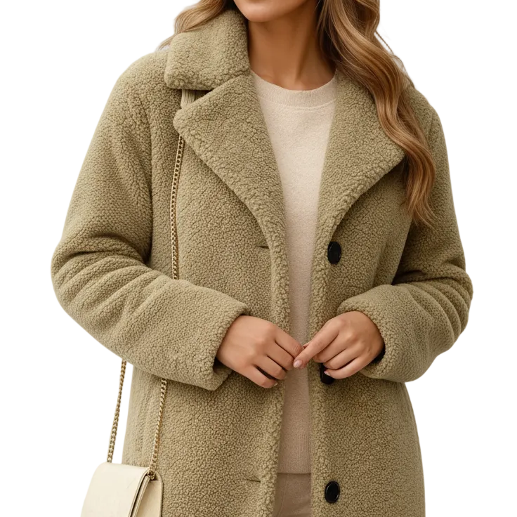 Manteau Teddy Long Boutonné Texture Douce Élégance Hiver