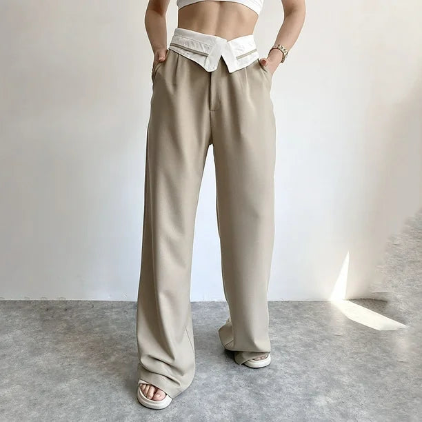 Pantalon Large Taille Haute Ceinture Croisée Élégant