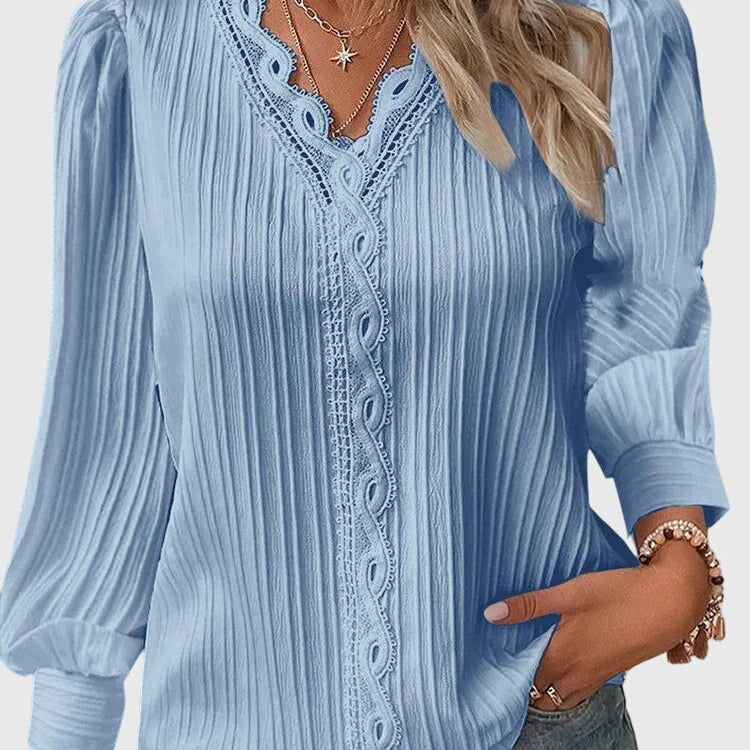 Blouse Plissée à Col V et Manches Longues