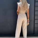 Combinaison Pantalon Volants Épaules Taille Ceinturée Chic