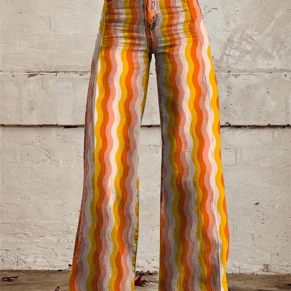 Pantalon Large Imprimé à Rayures Géométriques