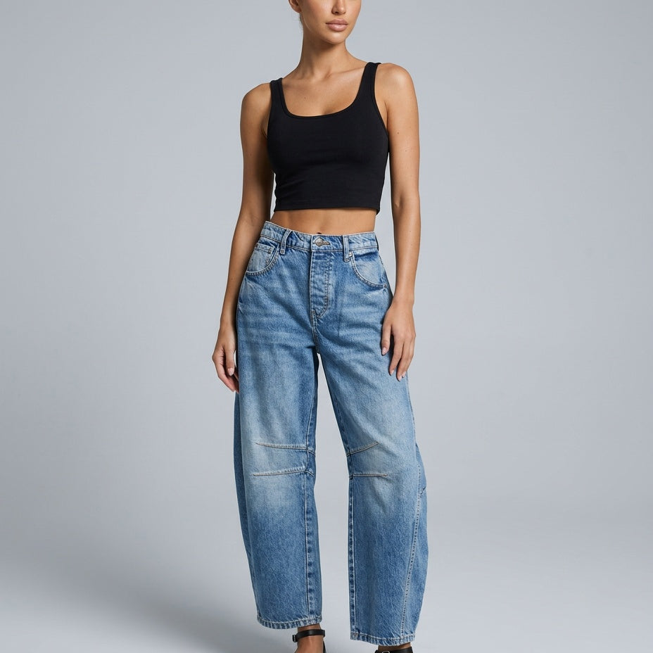 Jean femme taille haute jambe barrel en denim