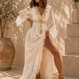 Robe Maxi Bohème Broderie Élégante Plage Chic