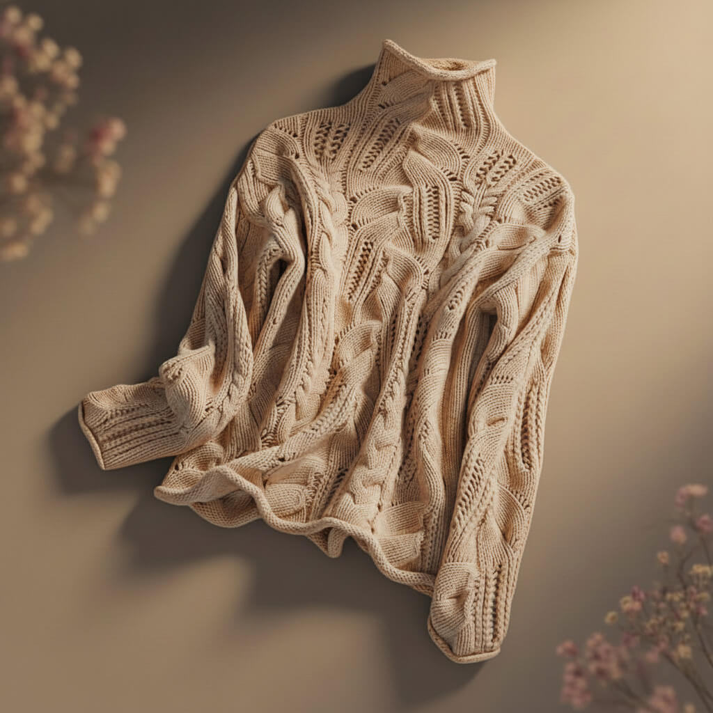 Pull Col Montant Maille Torsadée Ajourée Élégance Hiver
