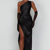 Robe Longue Satinée Asymétrique à Fente