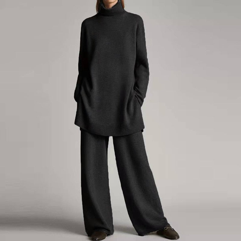 Ensemble Femme Pull Col Roulé et Pantalon Large Confort