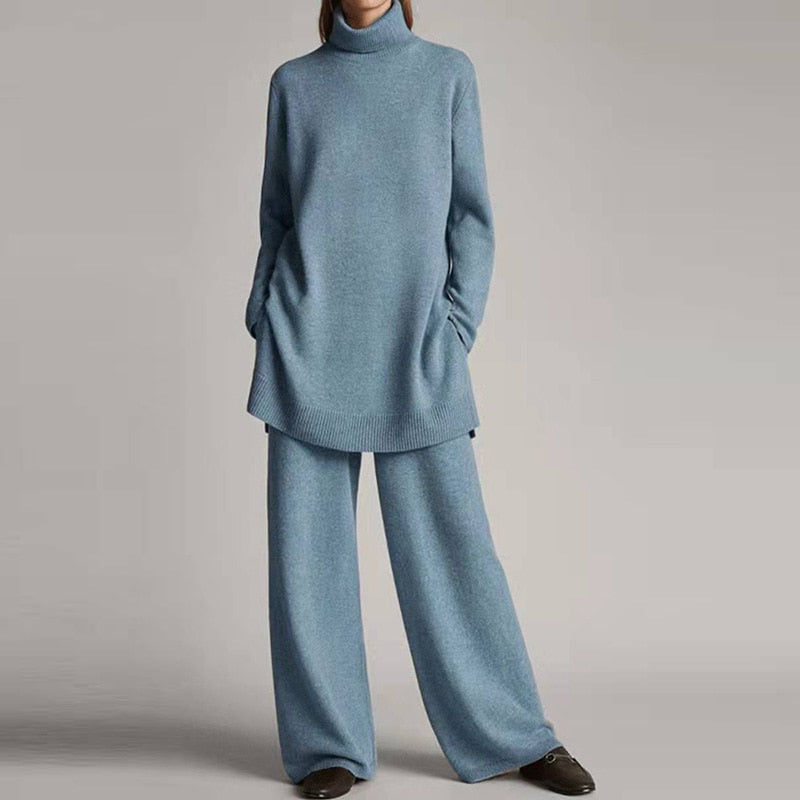 Ensemble Femme Pull Col Roulé et Pantalon Large Confort