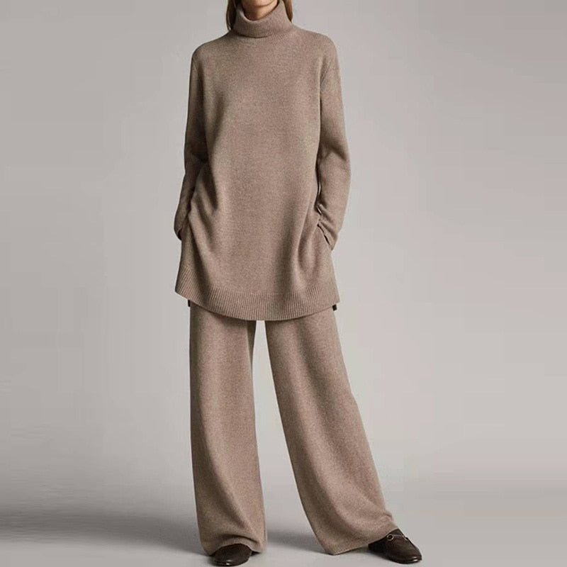 Ensemble Femme Pull Col Roulé et Pantalon Large Confort
