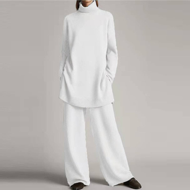 Ensemble Femme Pull Col Roulé et Pantalon Large Confort