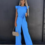 Combinaison Pantalon Volants Épaules Taille Ceinturée Chic