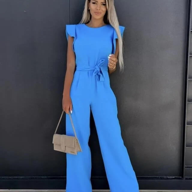 Combinaison Pantalon Volants Épaules Taille Ceinturée Chic