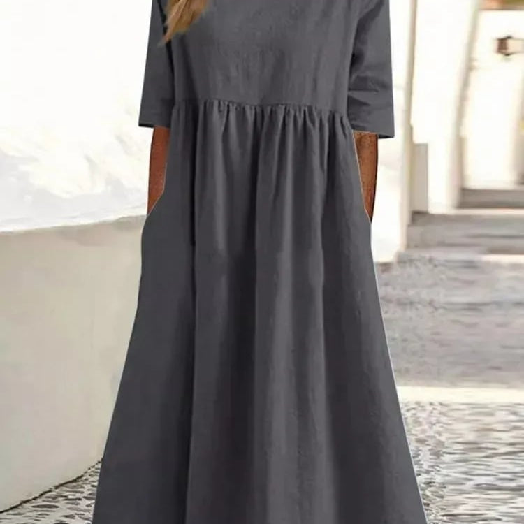 Robe Longue Ample Taille Haute Manches Courtes Style Décontracté